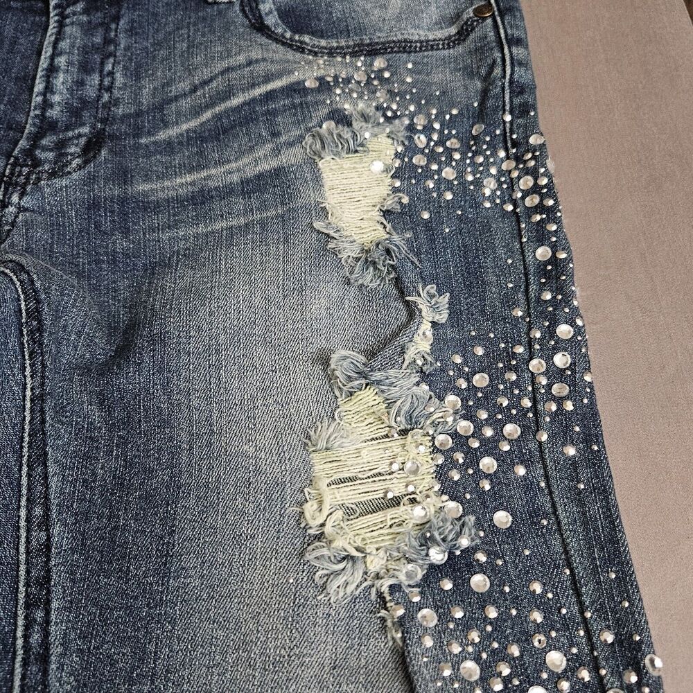 Machine Nouvelle Mode Jeans Size 15 Stretch Straight Leg Blue Distress Bling Y2K - Picture 9 of 12
